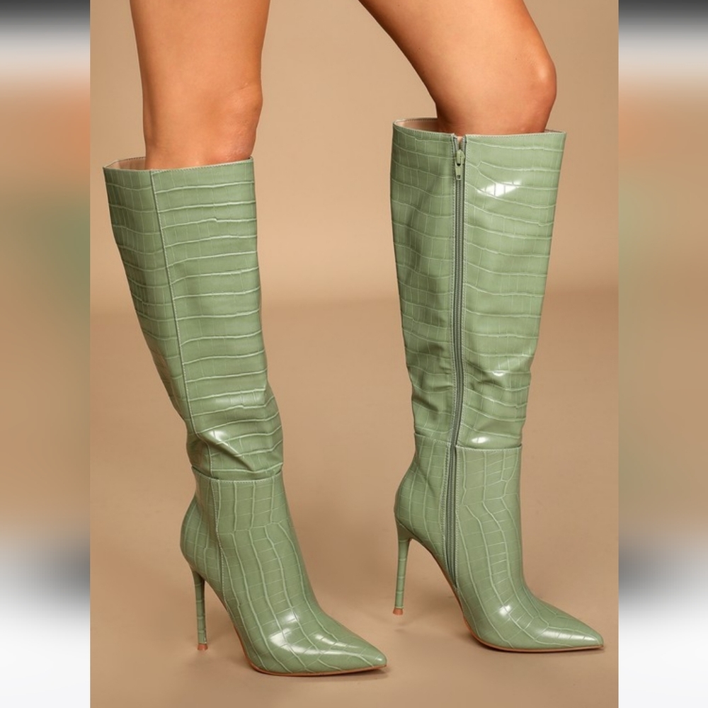 Lulu's Light Green Croc-Embossed Knee-High Stiletto Boots Brand new. No box